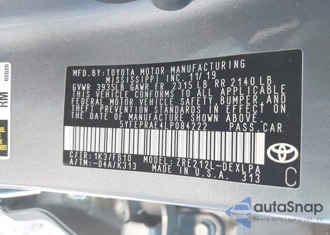 2020 Toyota Corolla Le z USA, uszkodzony, nr VIN 5YFEPRAE4LP084222